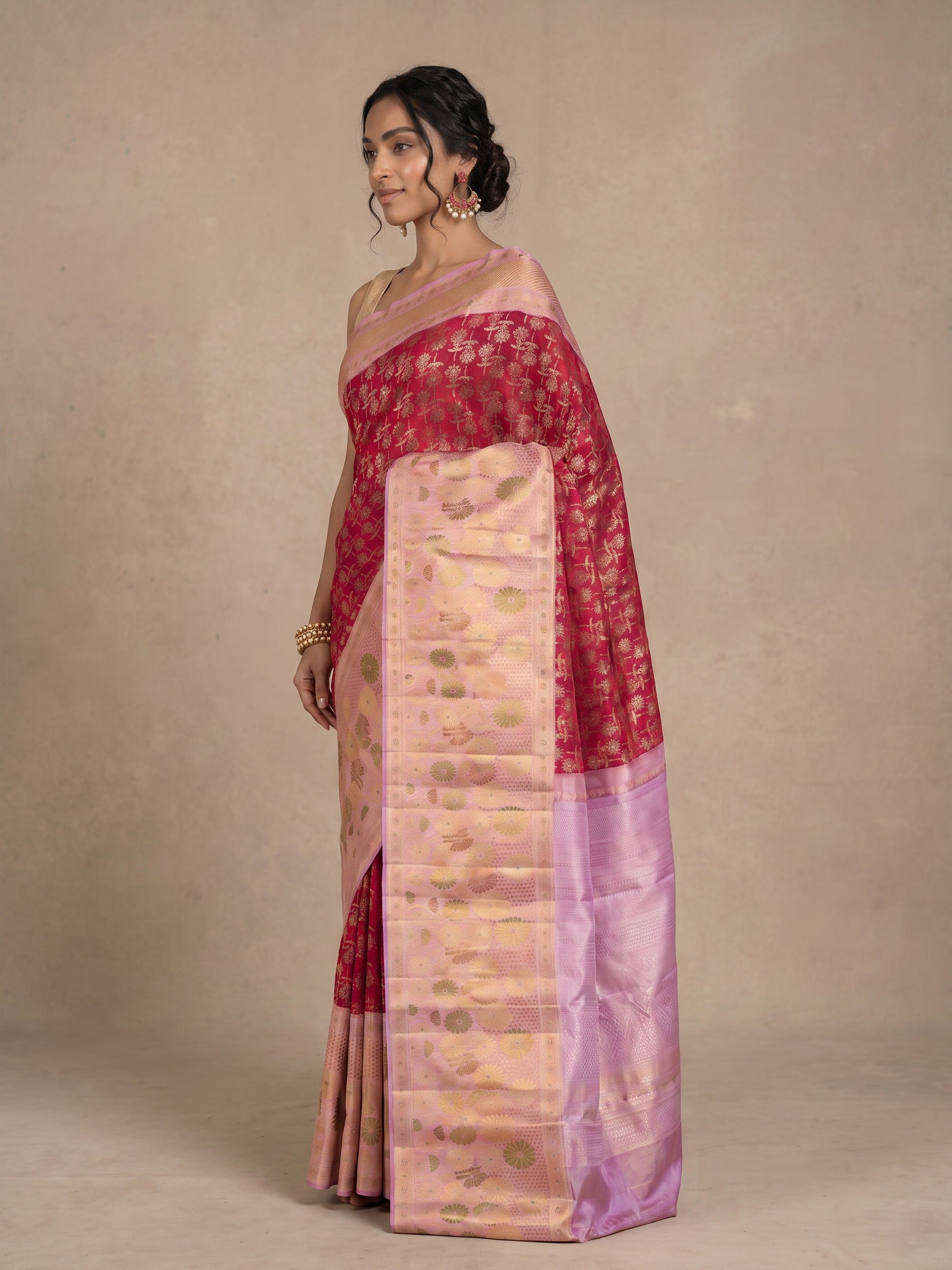 Red Pure Kanjivaram Silk Saree - side standing