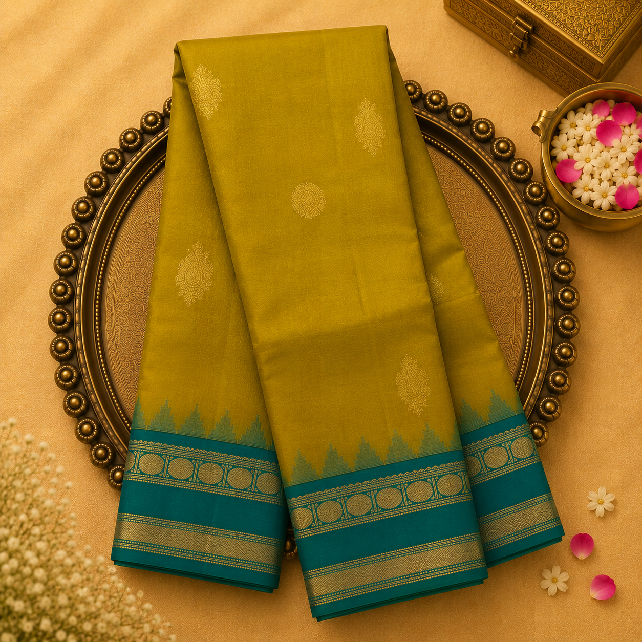 Mehendi Green Silk Saree with Peacock Zari Motifs & Teal Border