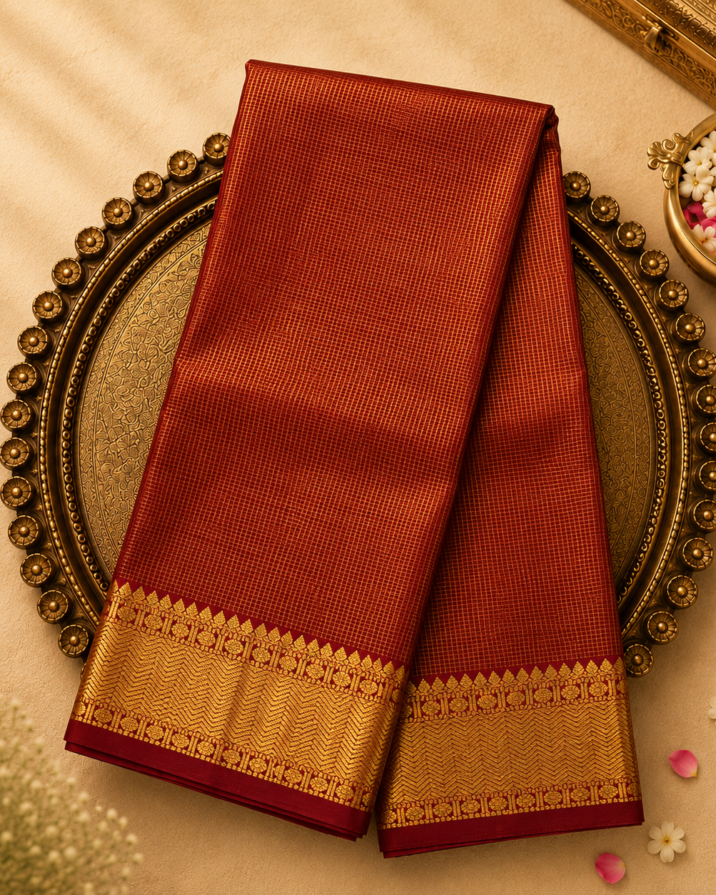 Red Silk Saree with Gold Zari Checks & Gold Border