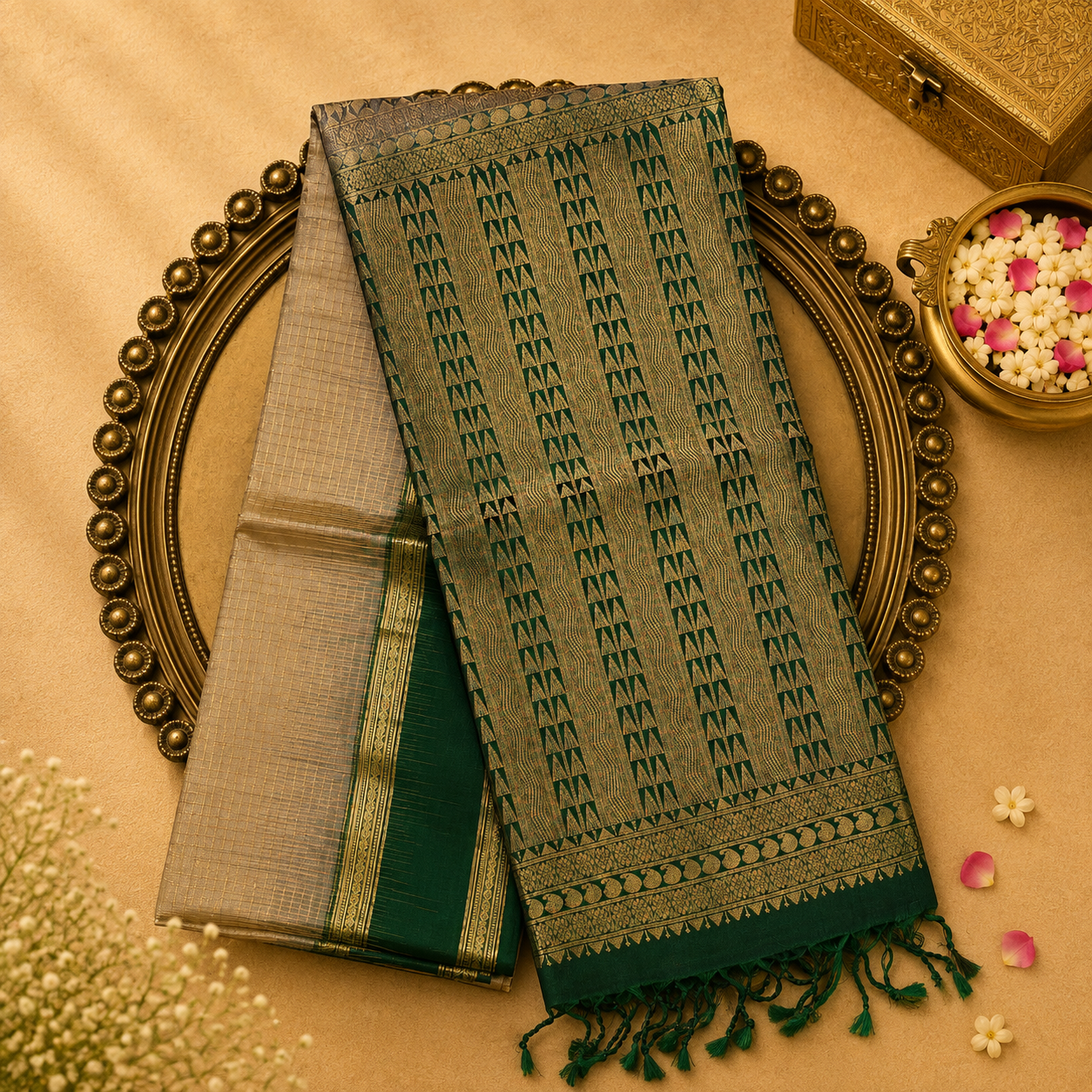 Cream Soft Silk Saree with Gold Zari Checks, Green Border & Pallu