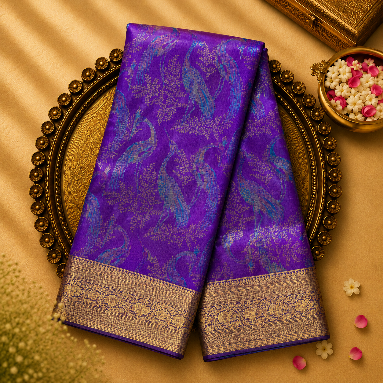 Royal Purple Silk Saree with Blue Bird Motifs & Gold Zari Border
