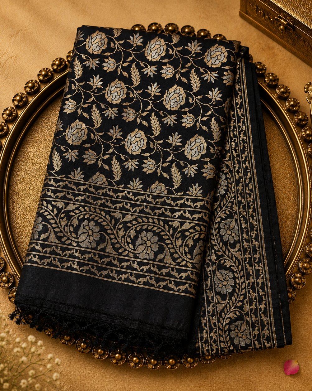 Black Kora Banarasi Silk Saree with Gold Floral Brocade & Zari Border