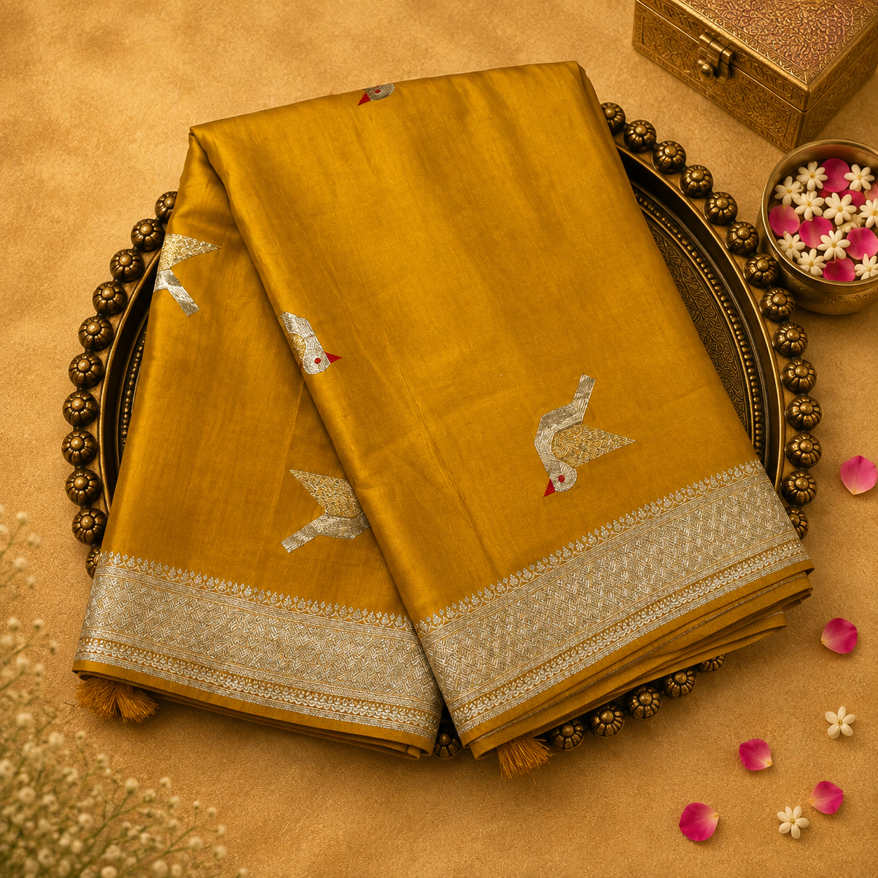 Yellow Satin Crepe Silk Saree with Gold Bird Motifs & Zari Border