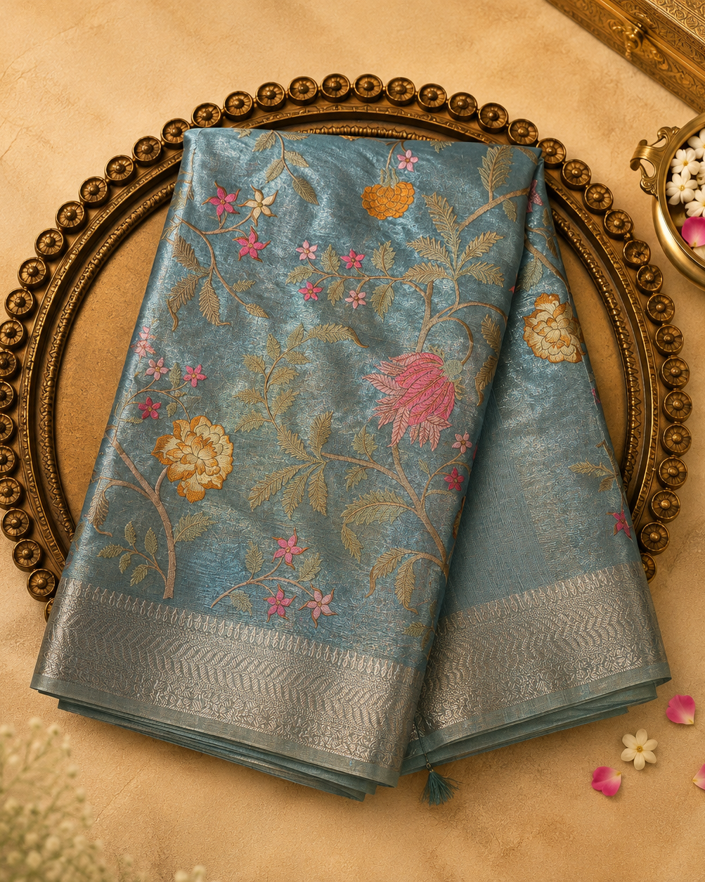 Light Blue Kota Cotton Saree with Floral Embroidery, Gold Zari Border & Running Blouse