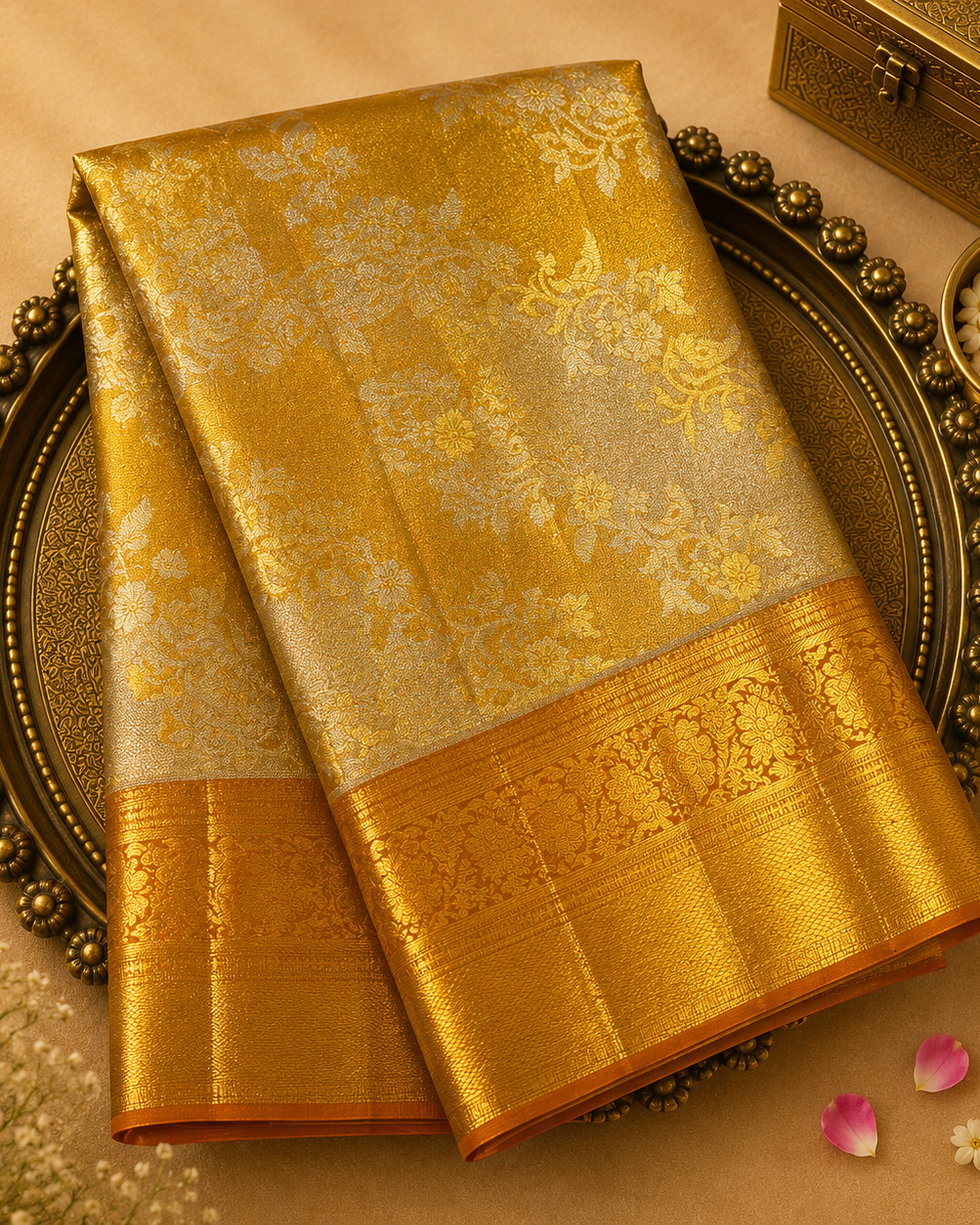 Yellow Pure Kanjeevaram Tissue Silk Saree with Diagonal Floral Zari
