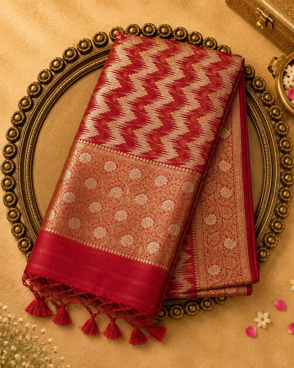 Orange Dual Tone Banarasi Organza Kora Saree with Zigzag Zari, Floral Border & Zari Blouse