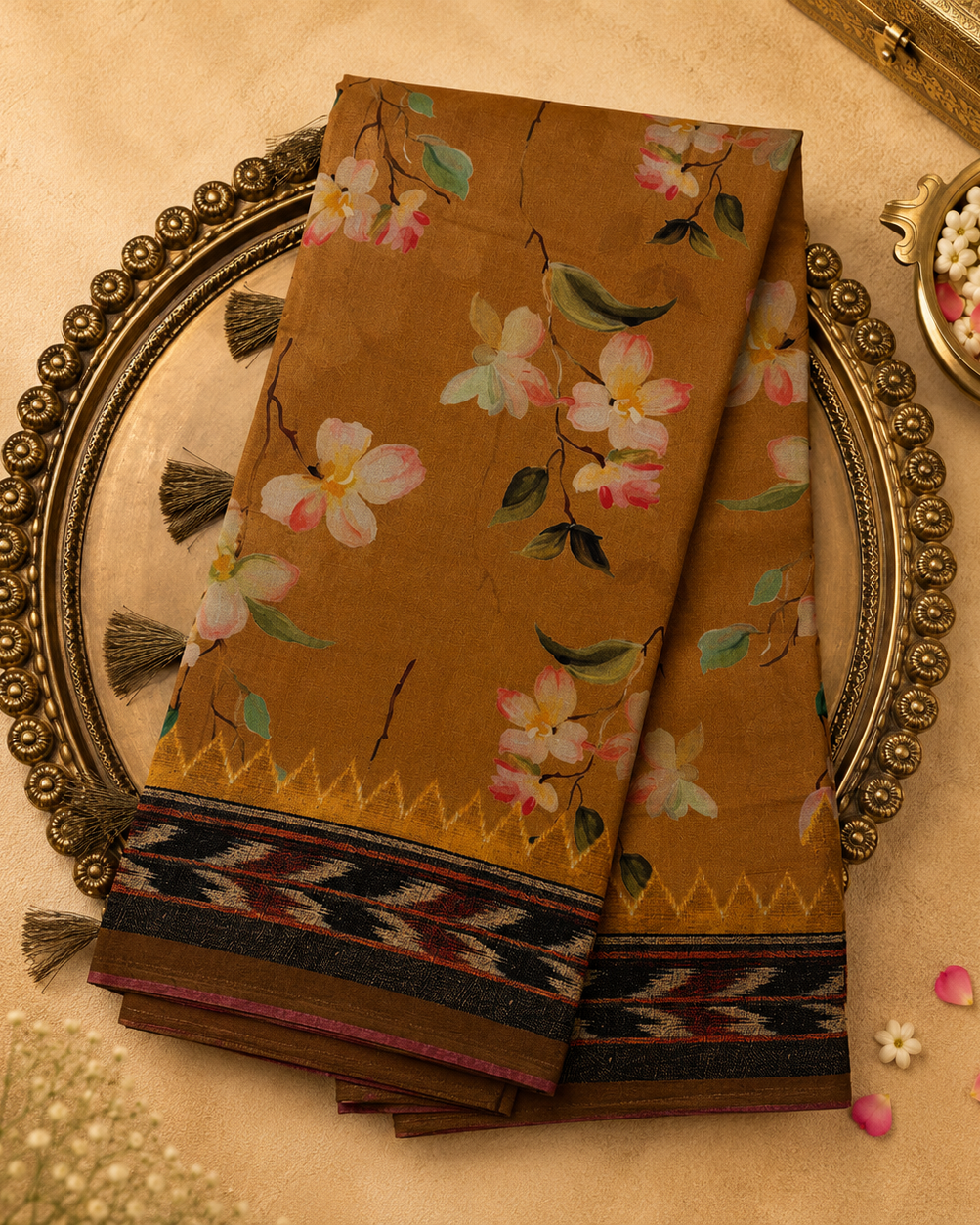 Mustard Yellow Semi Tussar Silk Saree with Floral Print & Grey Ikat Border