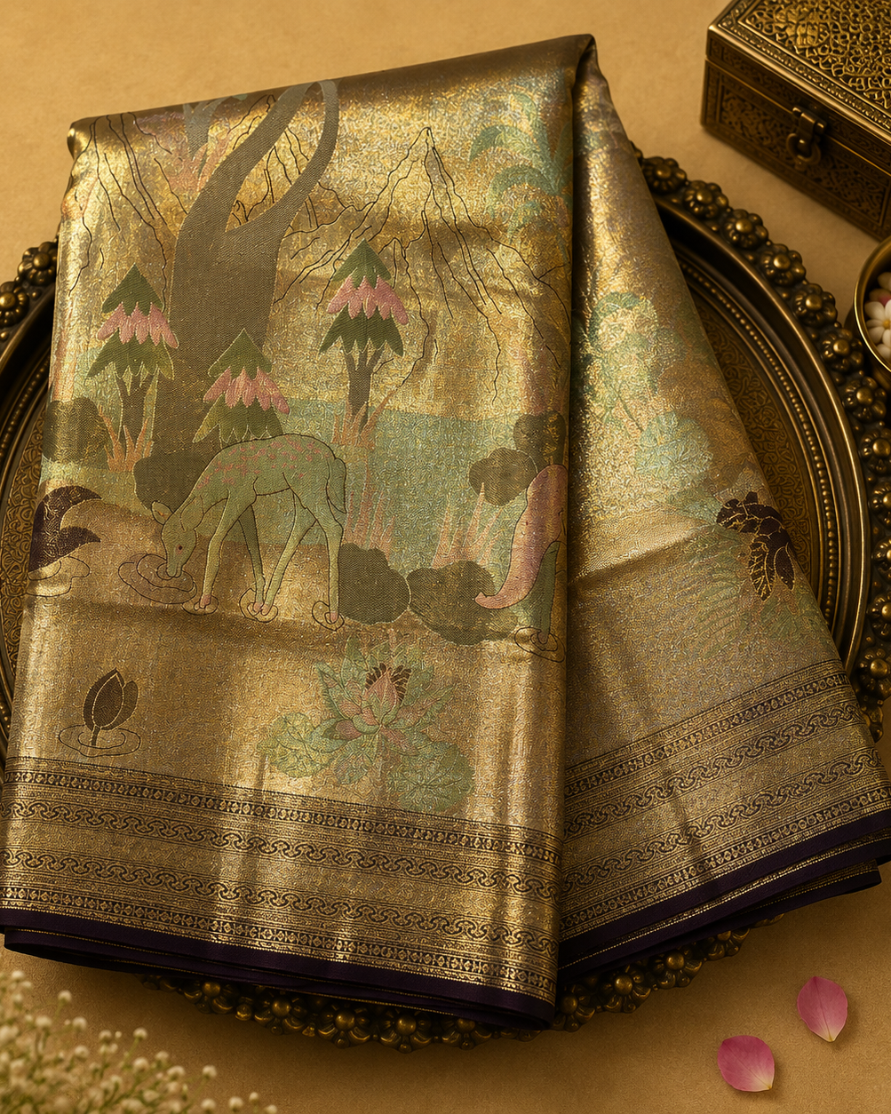 Golden Kanjeevaram Tissue Silk Saree with Floral-Animal Motifs, Brown-Gold Border & Blouse