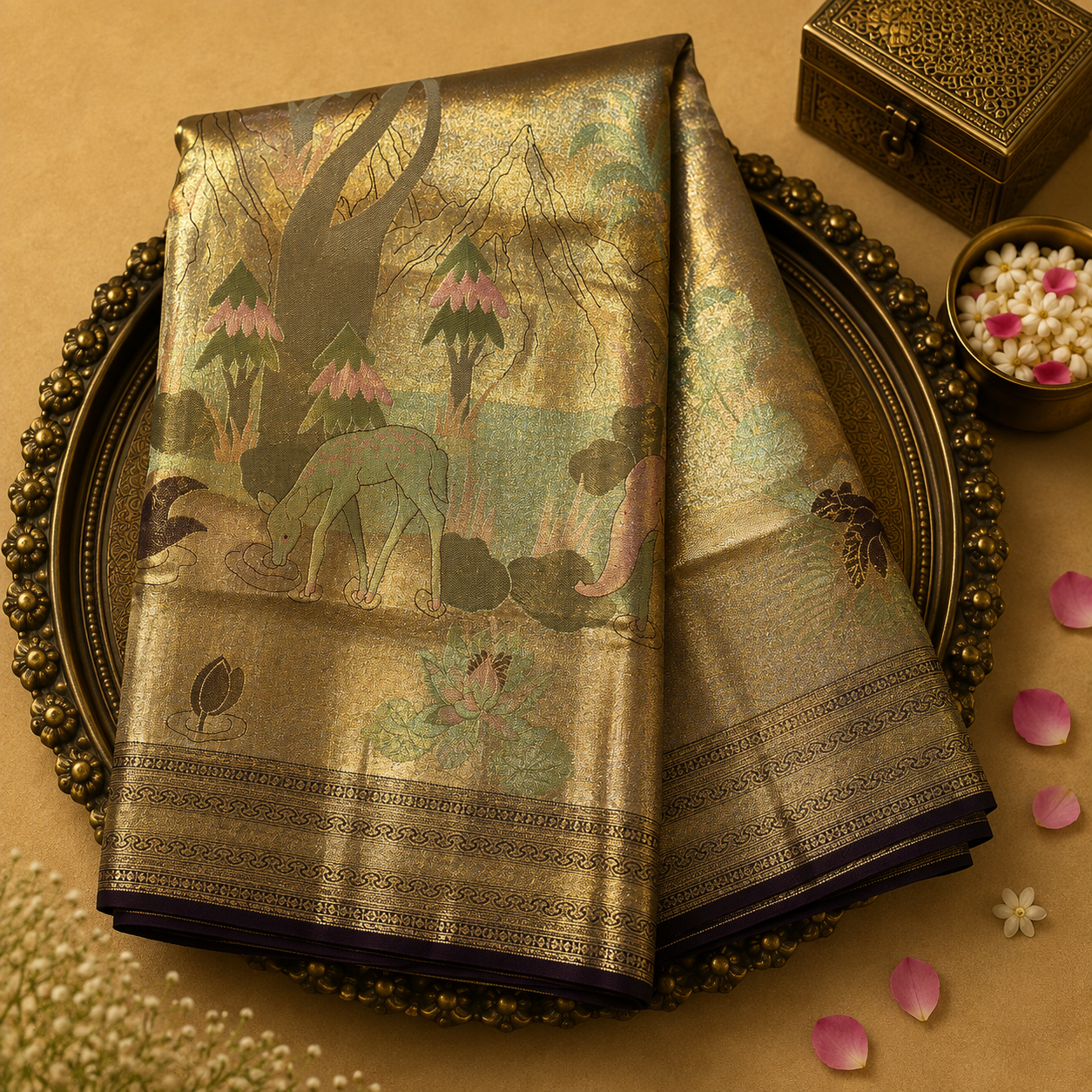 Golden Kanjeevaram Tissue Silk Saree with Floral-Animal Motifs, Brown-Gold Border & Blouse