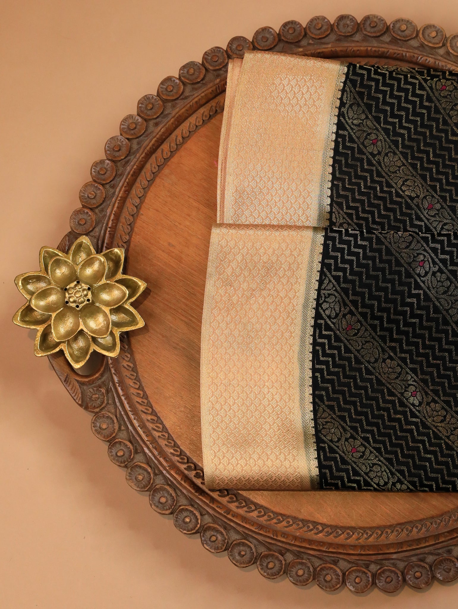 Black Pure Mysore Silk Saree with Zari Brocade & Beige Border