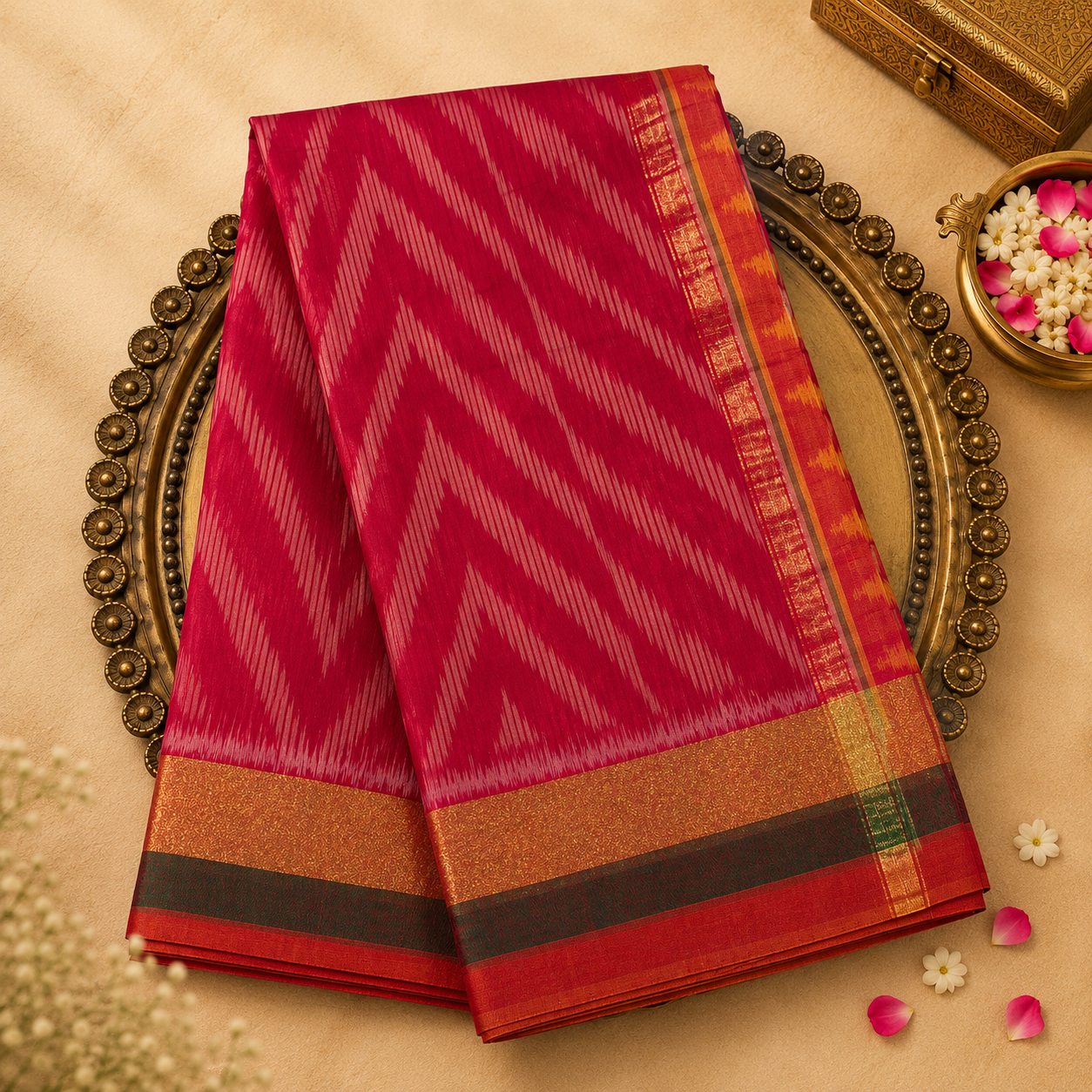 Pinkish Red Pure Ikat Handloom Cotton Silk Saree with Multicolour Border