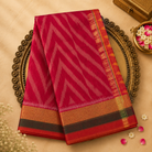 Pinkish Red Pure Ikat Handloom Cotton Silk Saree with Multicolour Border
