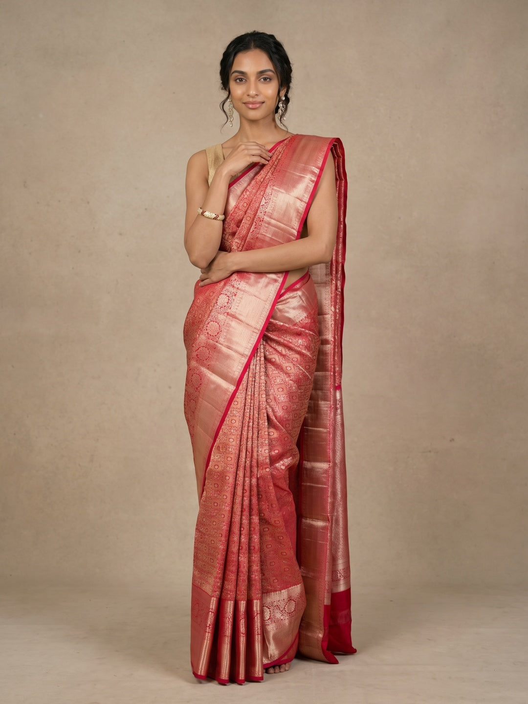Orangish & Red Pure Kanjeevaram Silk Saree with Gold Brocade - detail