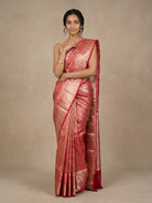 Orangish & Red Pure Kanjeevaram Silk Saree with Gold Brocade - detail