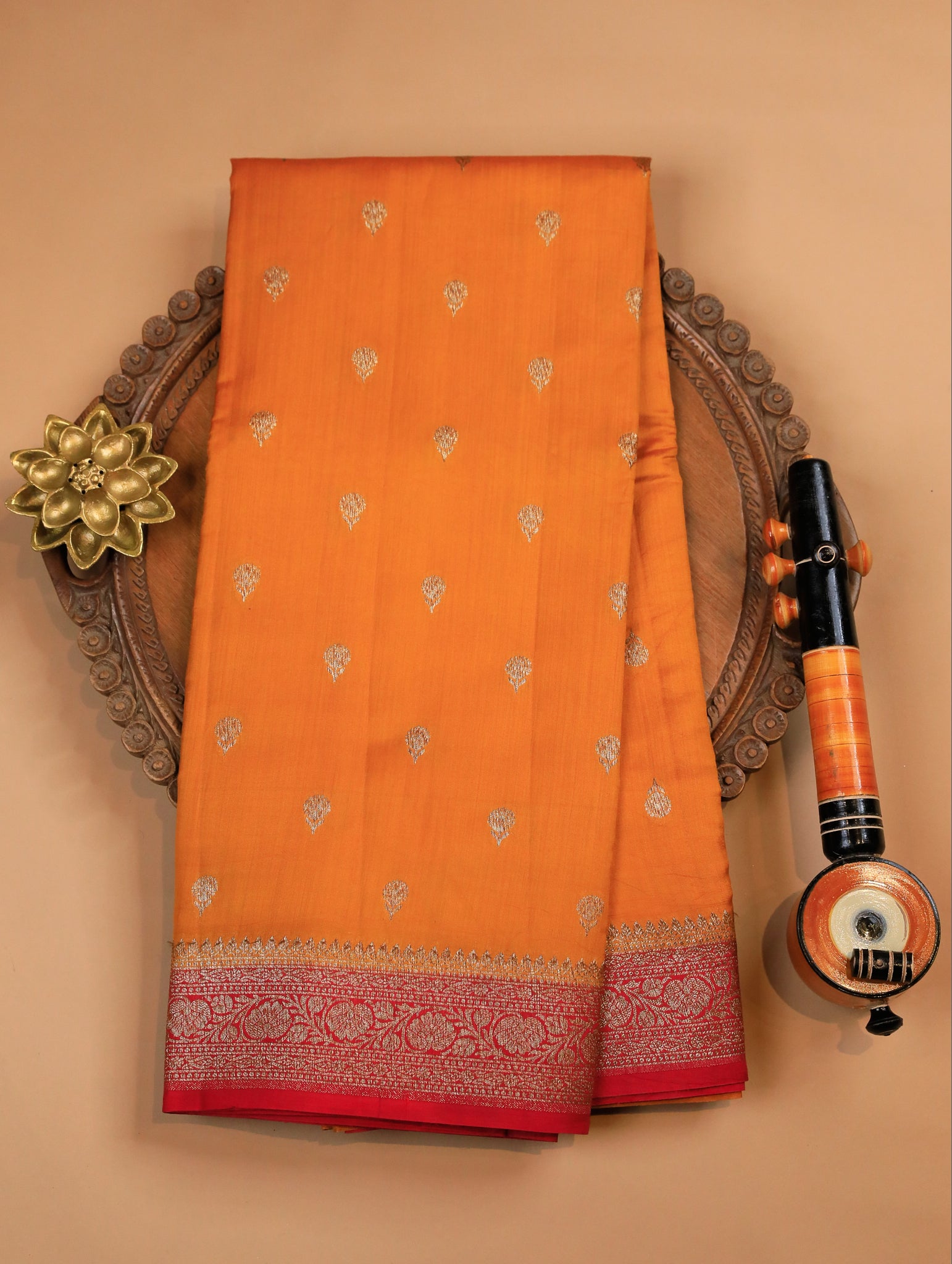 Rust Orange Pure Banarasi Matka Silk Saree with Zari Buttas & Red Floral Border