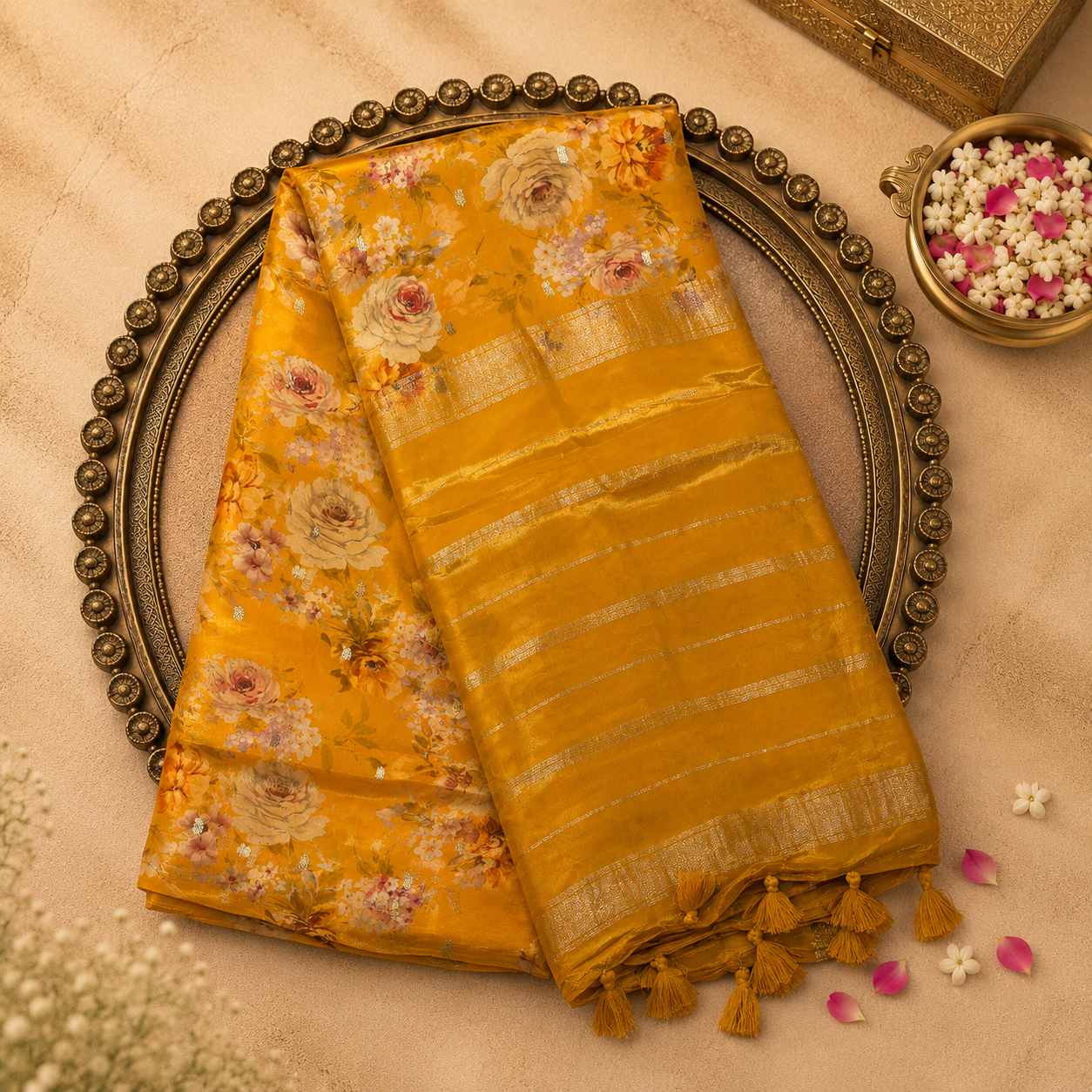 Mustard Yellow Semi Crepe Silk Saree with Gold Zari Buttas & Floral Print