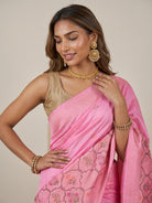 Baby Pink Pure Banarasi Silk Saree with Floral Zari Motifs & Meenakari Border - detail