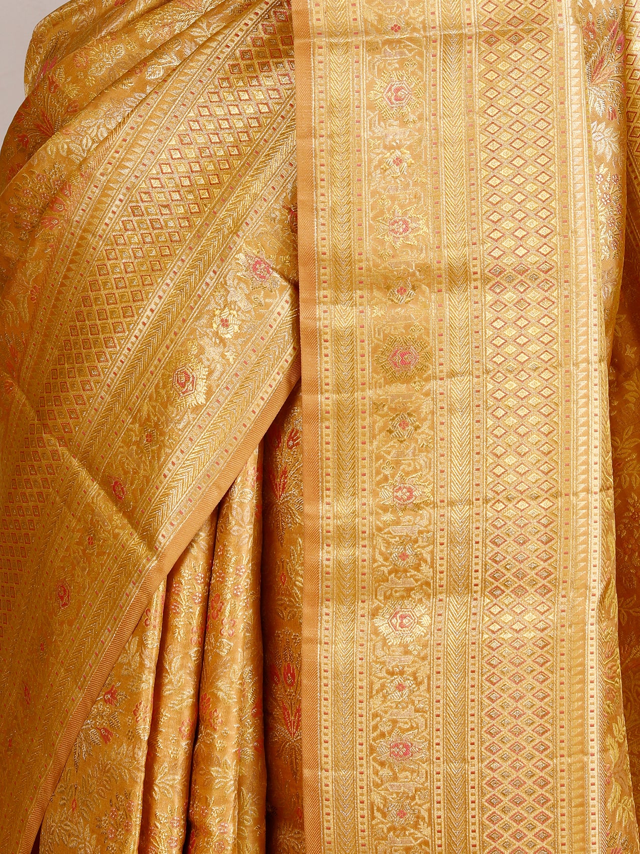 Bright Reddish Orange Pure Kanjeevaram Silk Saree with Gold & Silver Vertical Weave