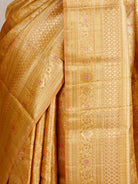Bright Reddish Orange Pure Kanjeevaram Silk Saree with Gold & Silver Vertical Weave