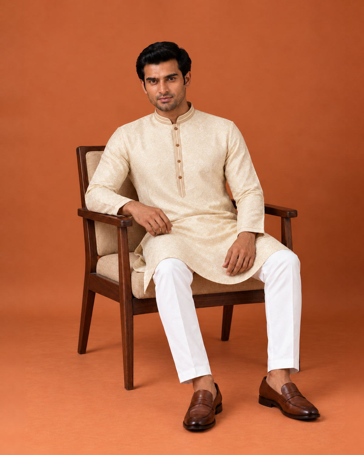 Off-White Silk Kurta with Self Embroidery & Matching Pants