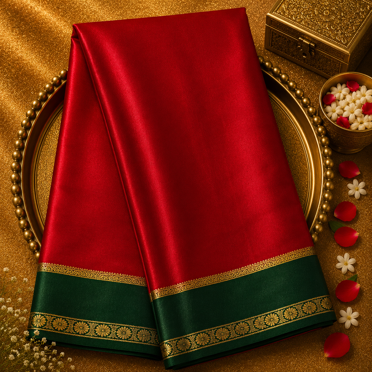 Red Pure Mysore Crepe Silk Saree with Green-Gold Border & Green Blouse