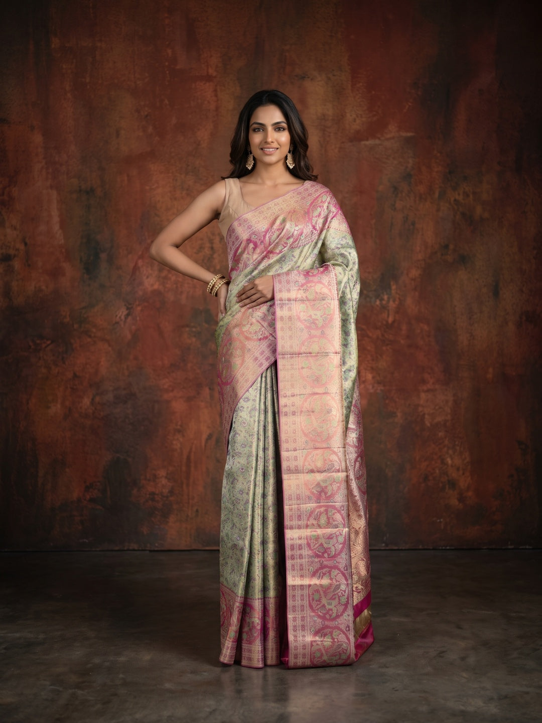 Pista Green Pure Kanjeevaram Tissue Silk Saree with Floral Brocade & Pink Border