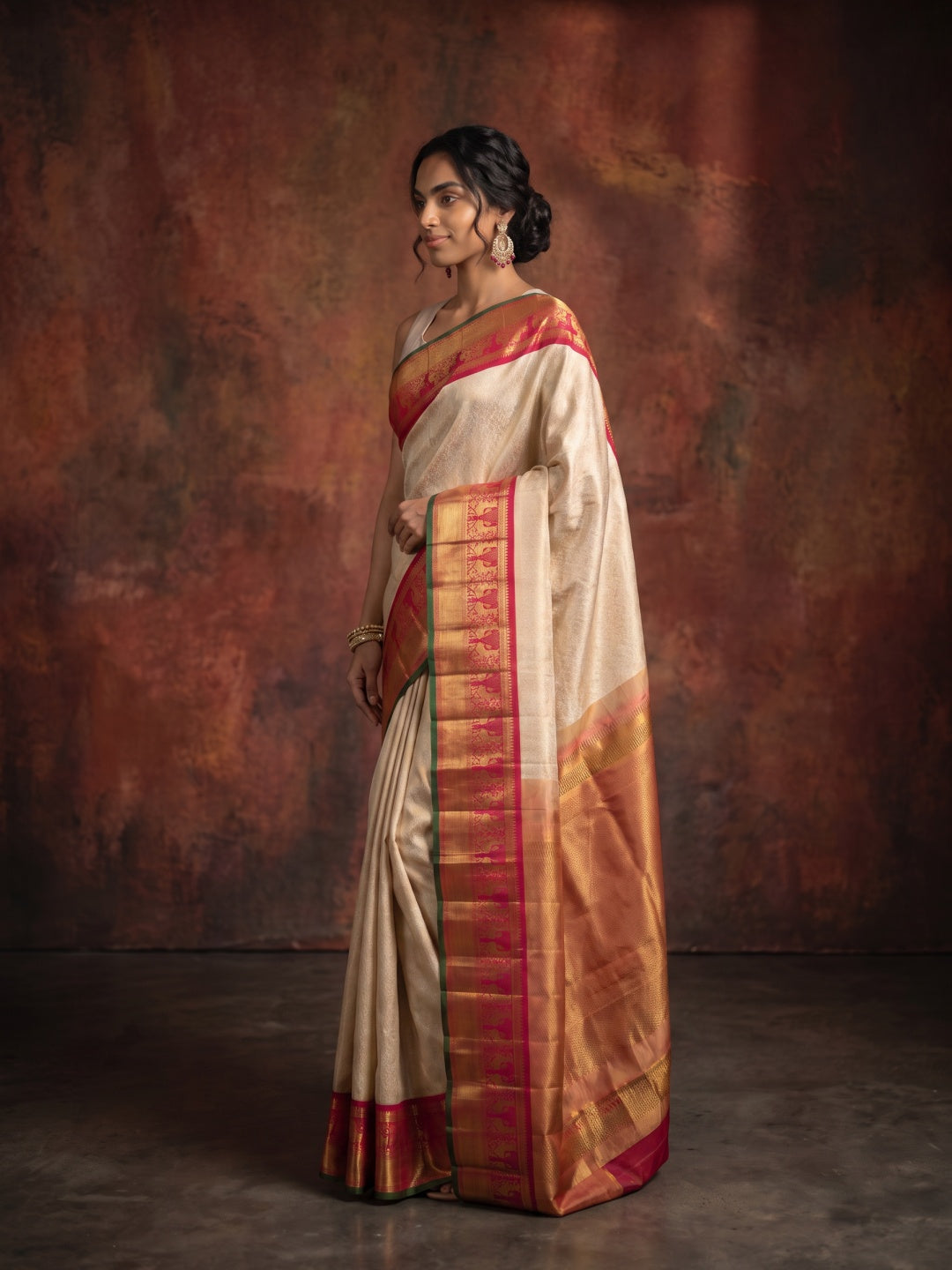 Golden Beige Pure Kanjeevaram Silk Saree with Brocade & Red Border - detail