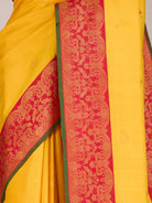 Yellow Pure Kanjeevaram Silk Saree with Gold Zari Motifs & Red Border - detail