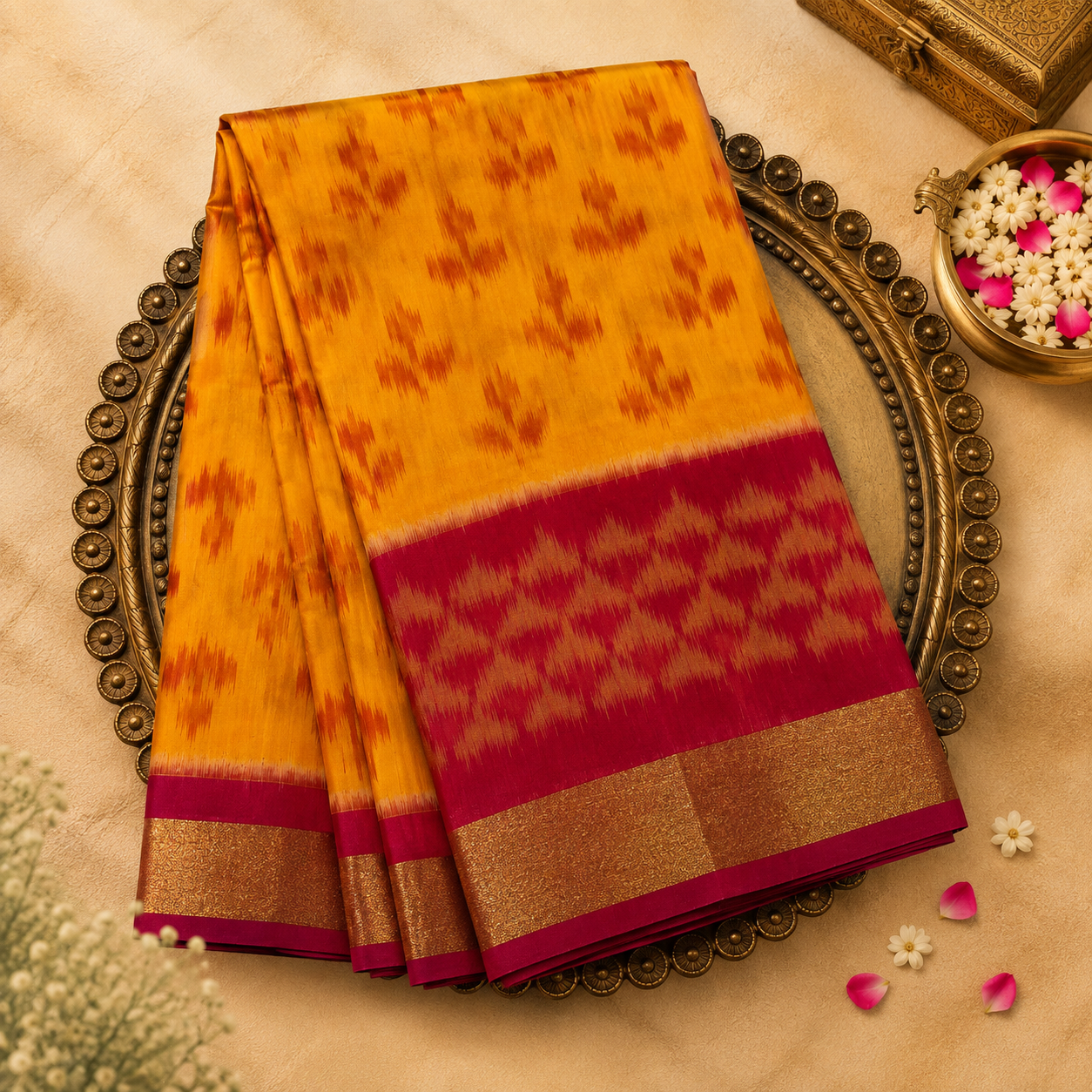 Yellow Pure Ikat Handloom Cotton Silk Saree with Pink Contrast Border