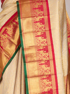 Golden Beige Pure Kanjeevaram Silk Saree with Brocade & Red Border - detail