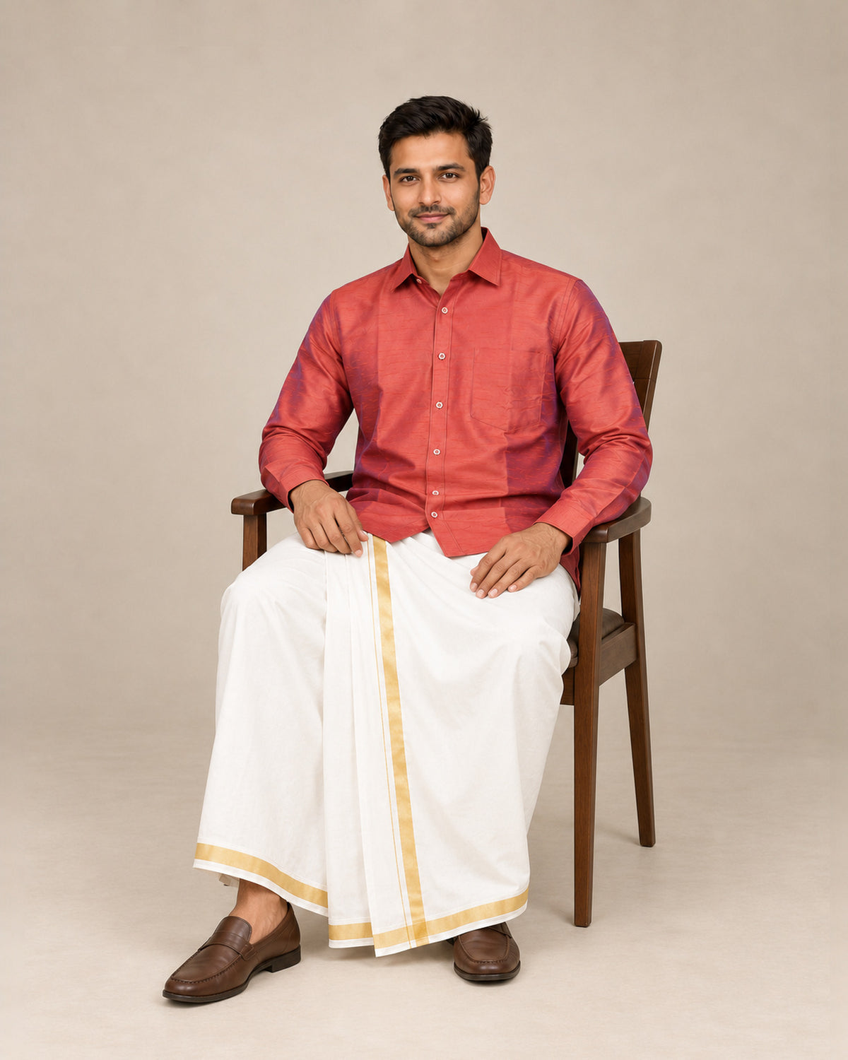 Brick Red Plain Raw Silk Shirt