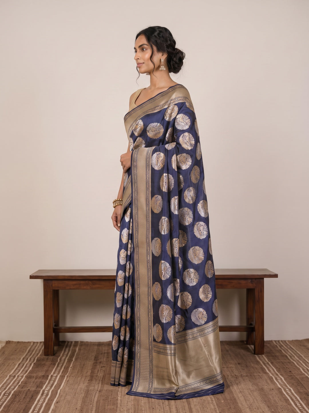 Dark Navy Blue Pure Banarasi Silk Saree with Zari Motifs & Gold Border
