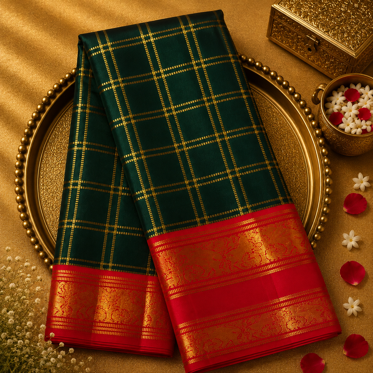 Bottle Green Kanjeevaram Silk Saree with Zari Checks & Orange Border