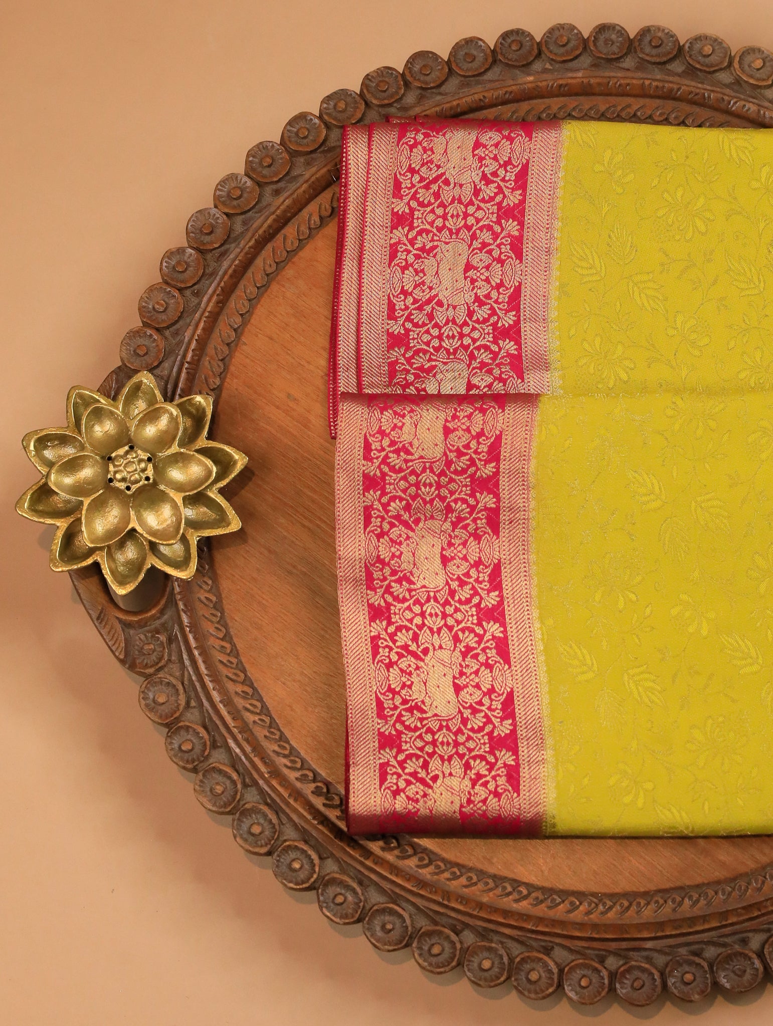 Mehendi Green Pure Mysore Silk Saree with Floral Brocade & Pink Border