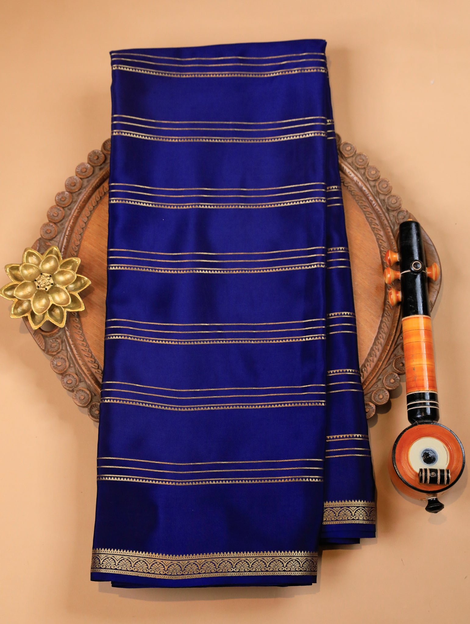 Navy Blue Mysore Crepe Silk Saree with Zari Stripes & Border