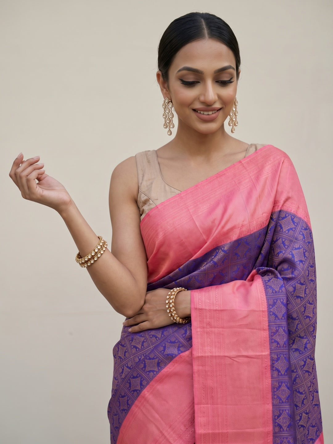 Bright Purple Pure Kanjeevaram Silk Saree with Brocade & Peach Zari Border - detail