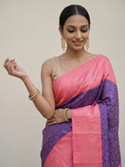 Bright Purple Pure Kanjeevaram Silk Saree with Brocade & Peach Zari Border - detail