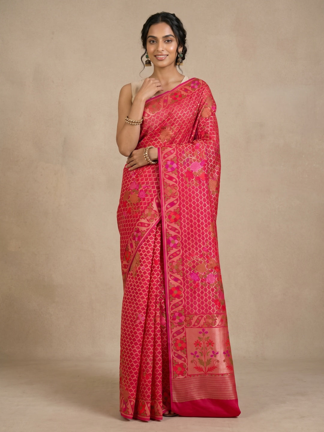 Bright Pink Pure Kora Silk Saree with Jamdani Weave & Border