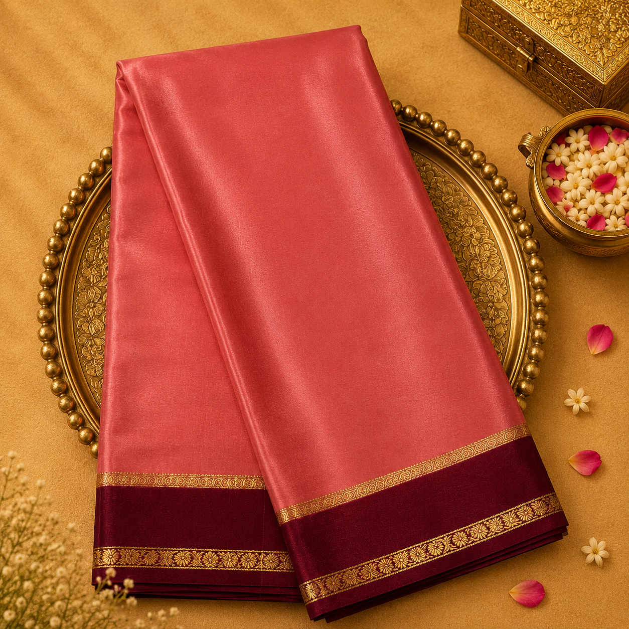 Peach Pure Mysore Crepe Silk Saree with Magenta-Gold Border & Blouse