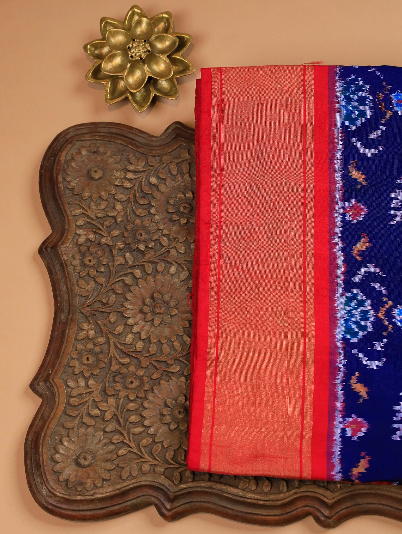 Dark Blue Pure Ikat Silk Saree with Floral Weave & Red Zari Border