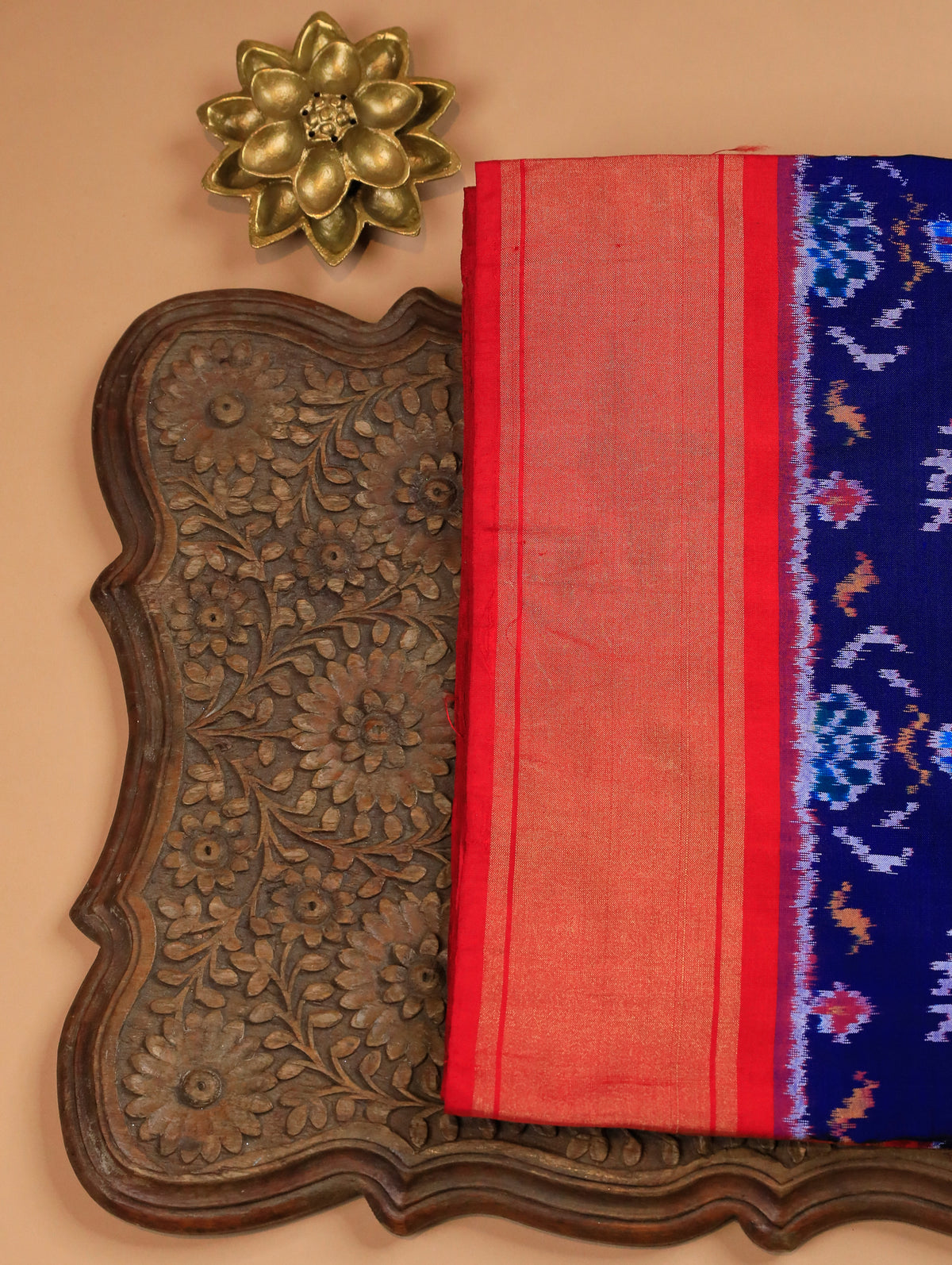 Dark Blue Pure Ikat Silk Saree with Floral Weave & Red Zari Border