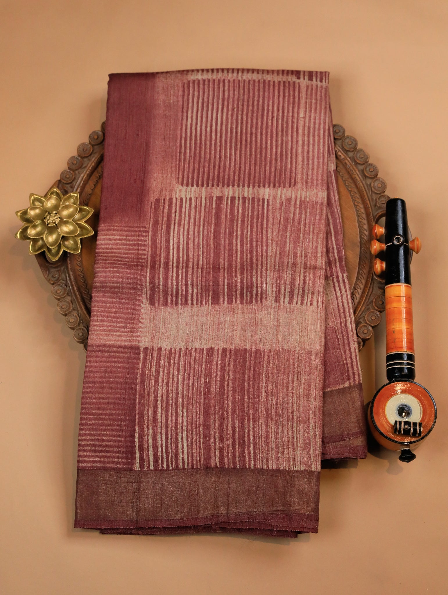 Onion Pink-Beige Pure Tussar Silk Saree with Abstract Print & Zari Border