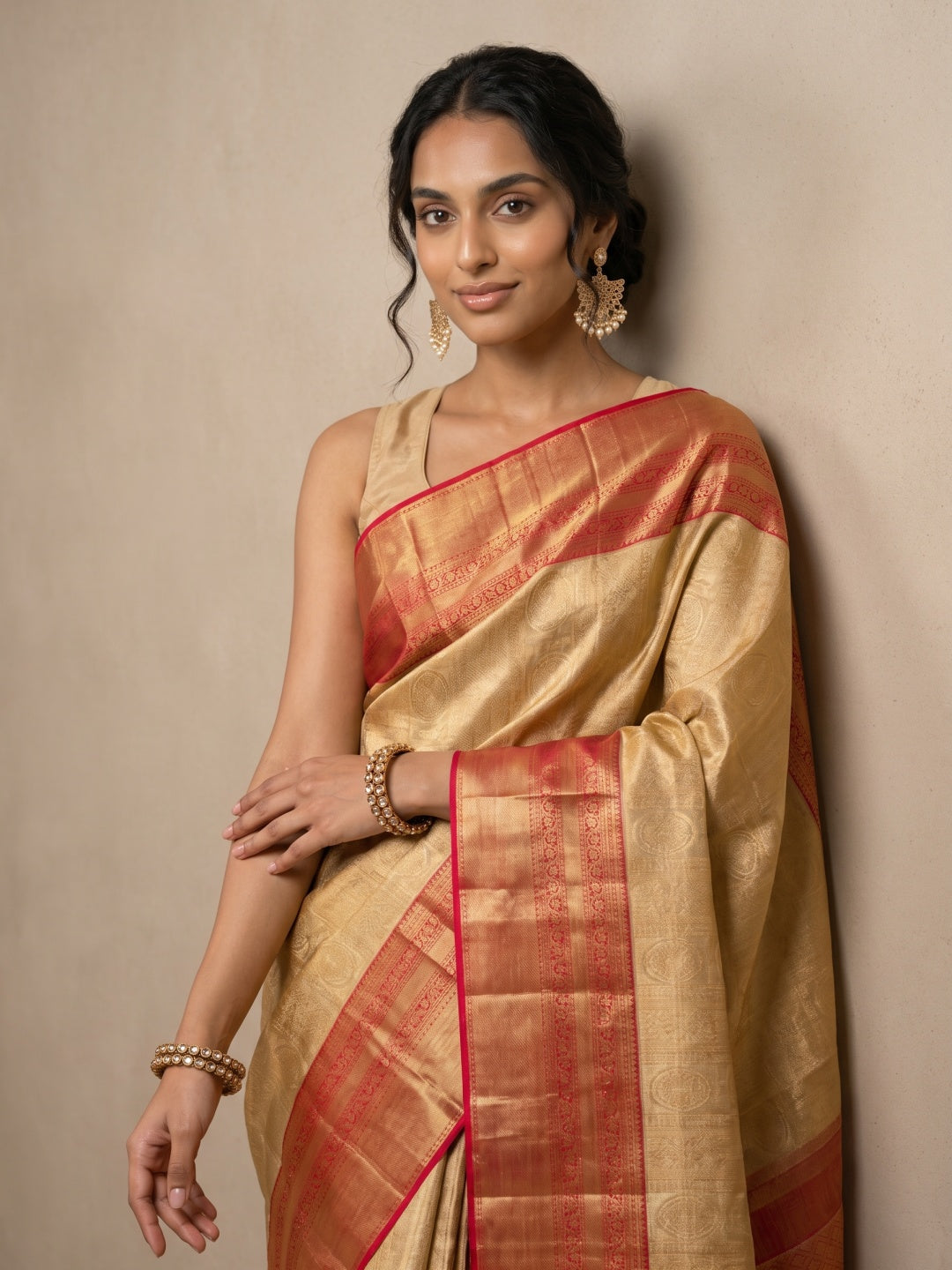 Golden Pure Kanjeevaram Silk Saree with Brocade & Bright Red Border