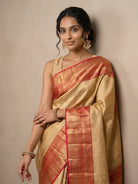Golden Pure Kanjeevaram Silk Saree with Brocade & Bright Red Border