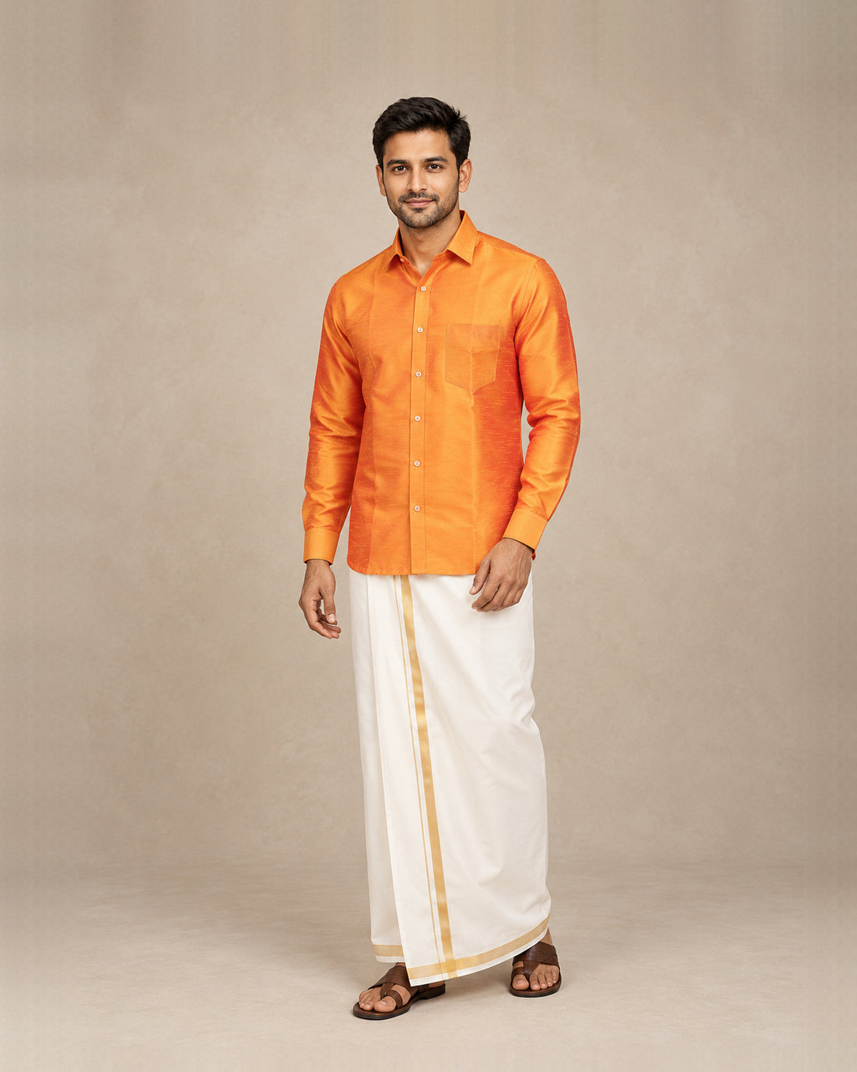 Burnt Mustard Orange Plain Raw Silk Shirt