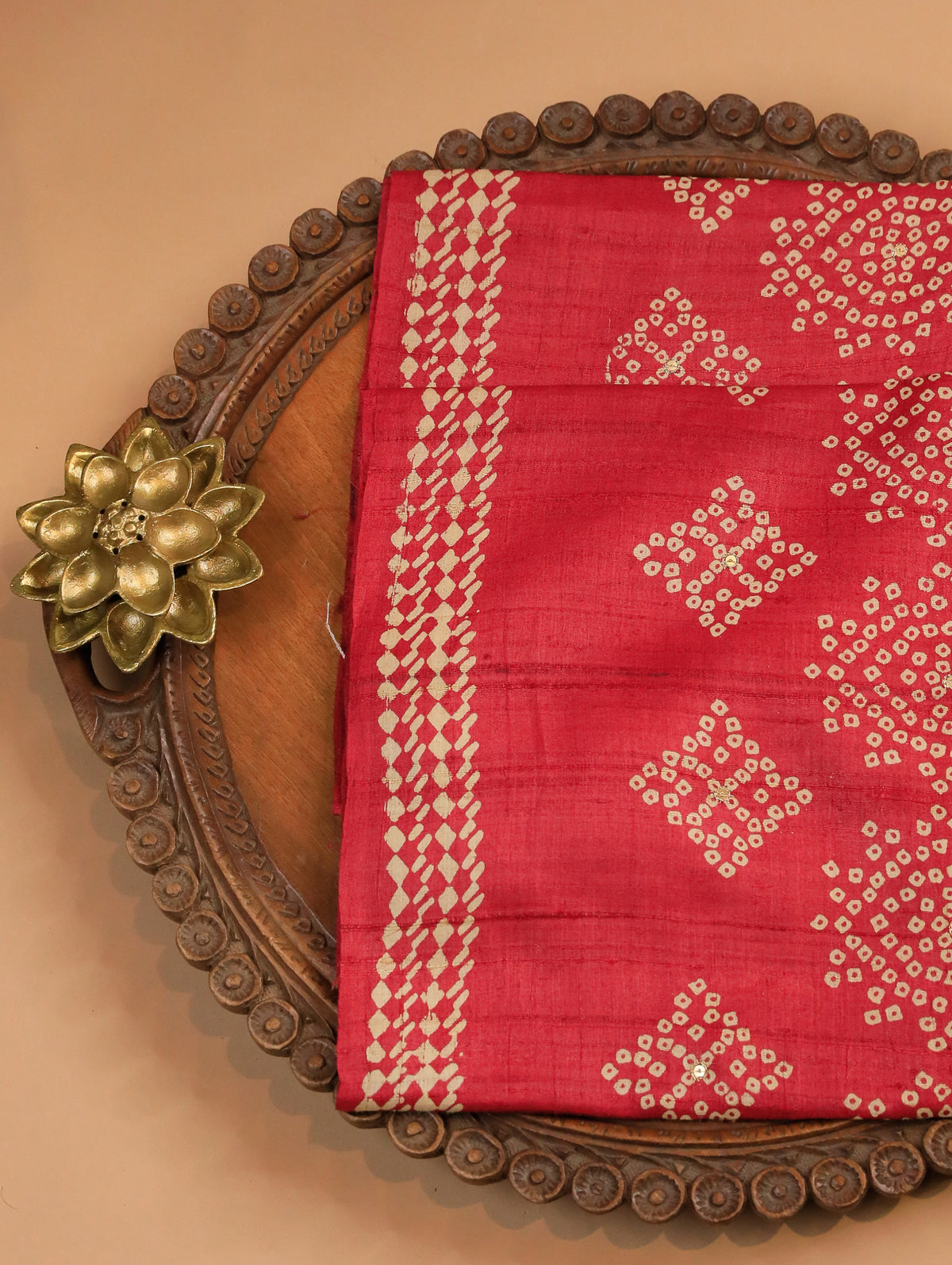 Dusky Red Pure Tussar Silk Saree with Bandhani Print & Coordinated Border