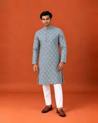 Dusky Blue Rayon Cotton Printed Kurta with White Pants