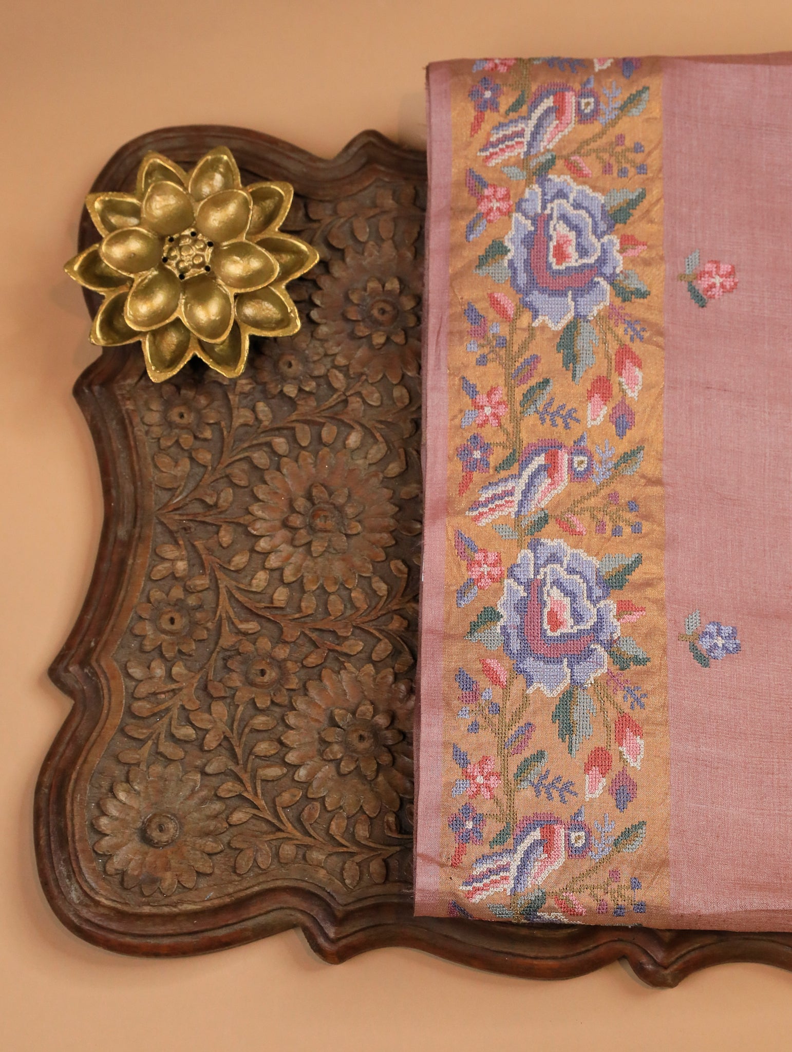 Onion Pink Pure Munga Tussar Silk Saree with Buttas & Cross-Stitch Border