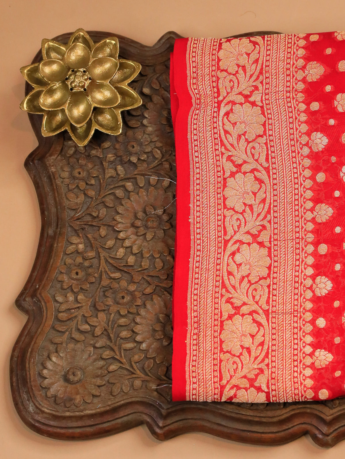 Bright Red Pure Banarasi Georgette Saree with Zari Buttas & Floral Border