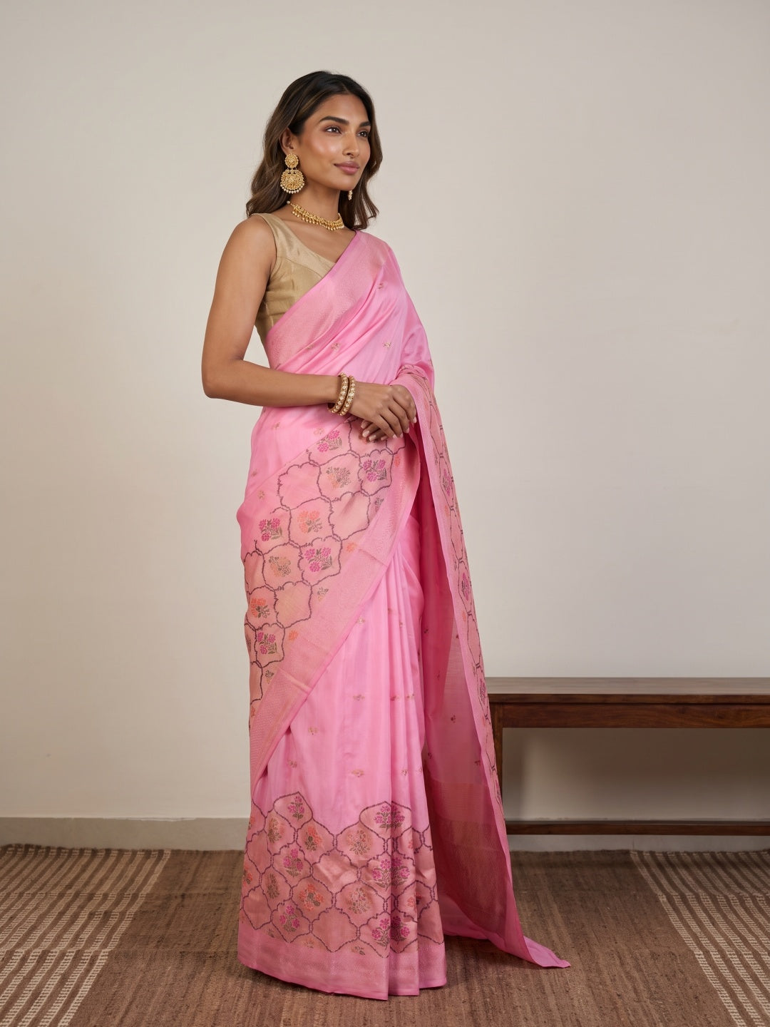 Baby Pink Pure Banarasi Silk Saree with Floral Zari Motifs & Meenakari Border - detail